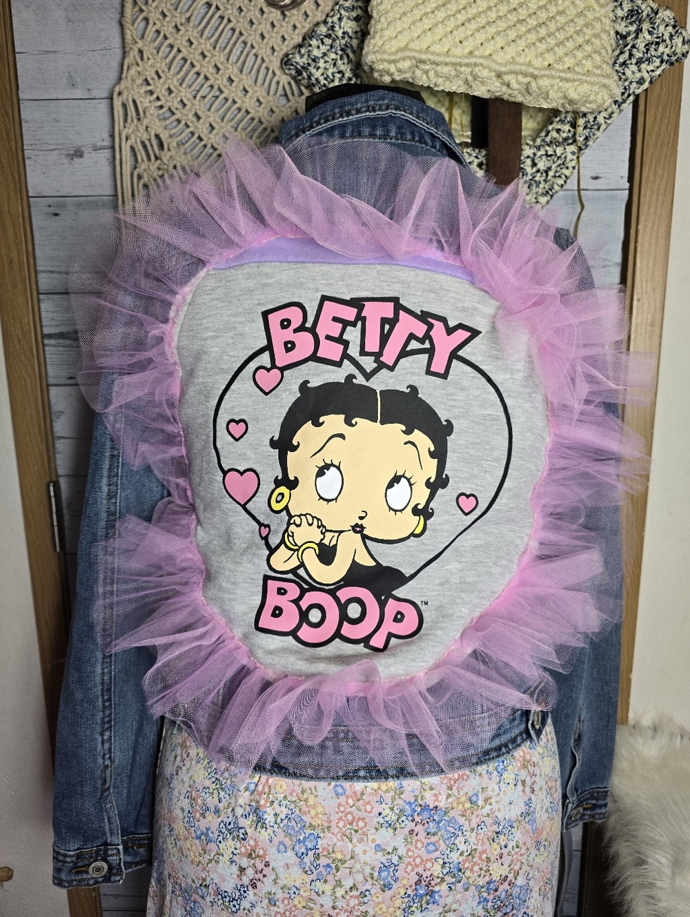 Betty Boop Pink Tulle Denim Jean Jacket Y2K Kitsch Art-to-Wear Soft Grunge